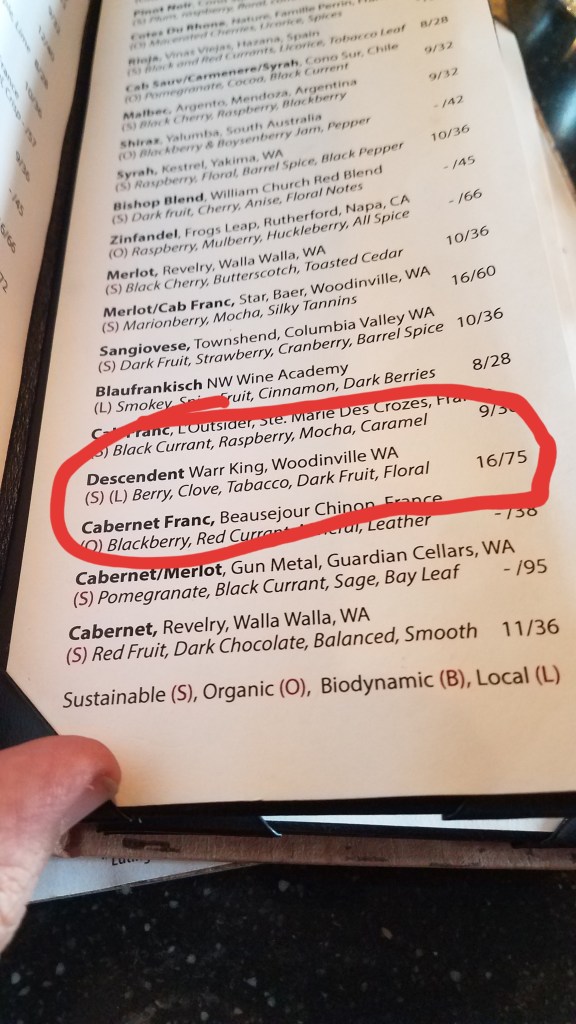The wine list at Revolve, highlighting the price of the Warr-King Descendant.