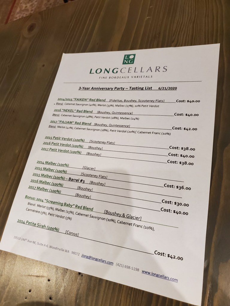 The menu from Long Cellars on Day 2 of the party.